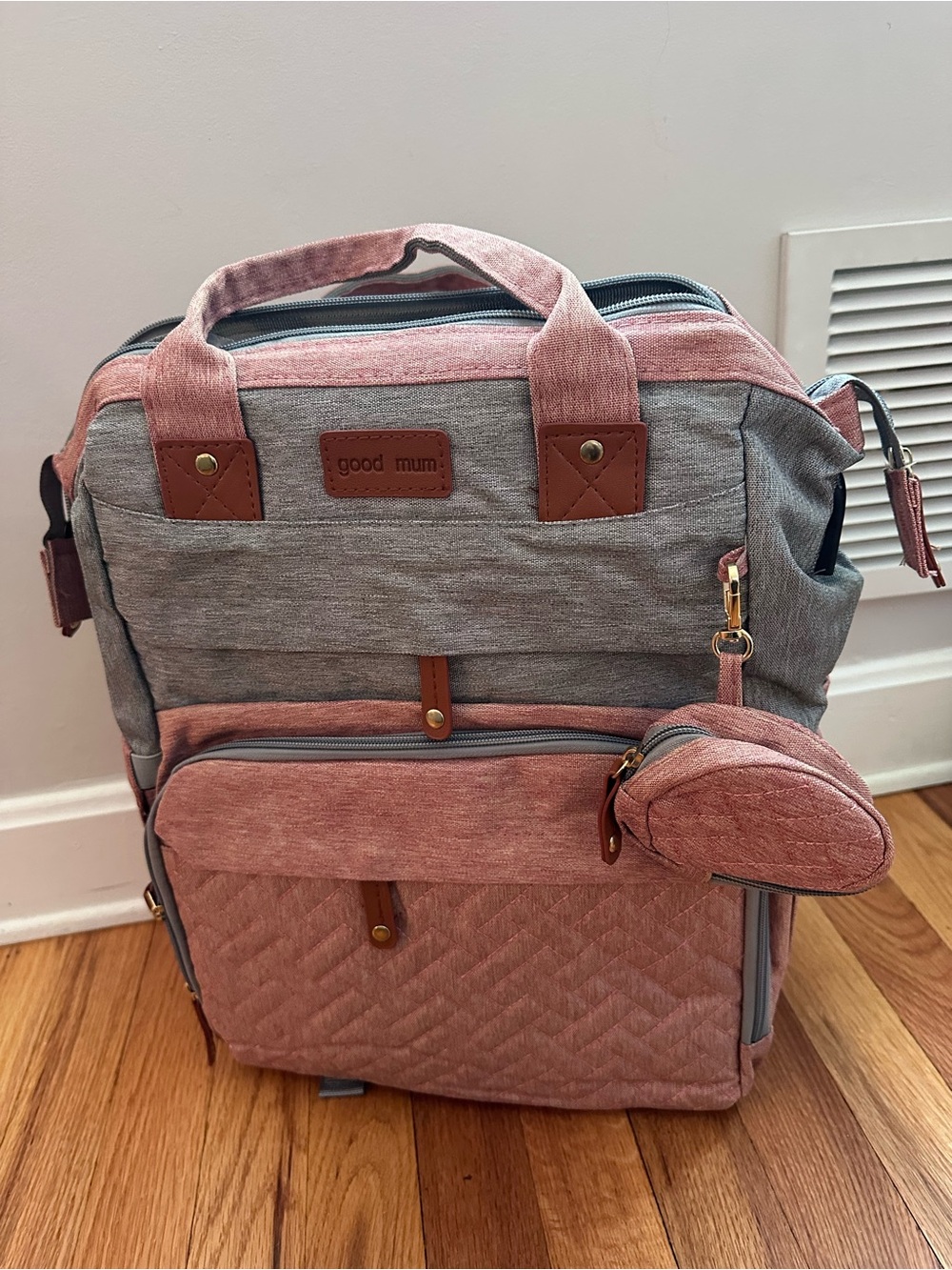 Good Mum Pink and Gray Travel Diaper Bag